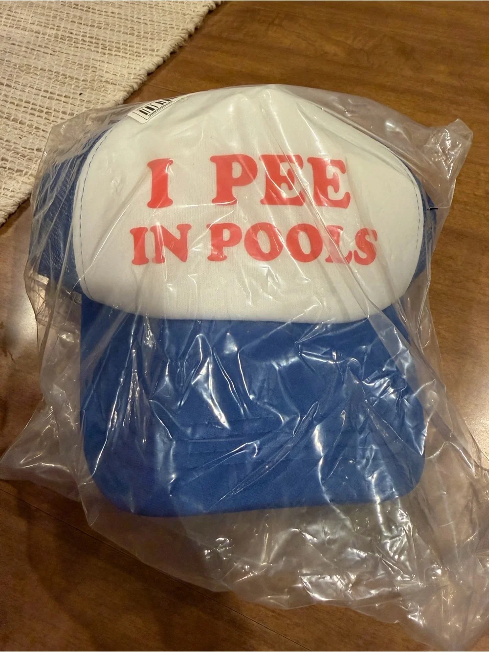 SHEIN Blue and White Trucker Hat with Red Text 